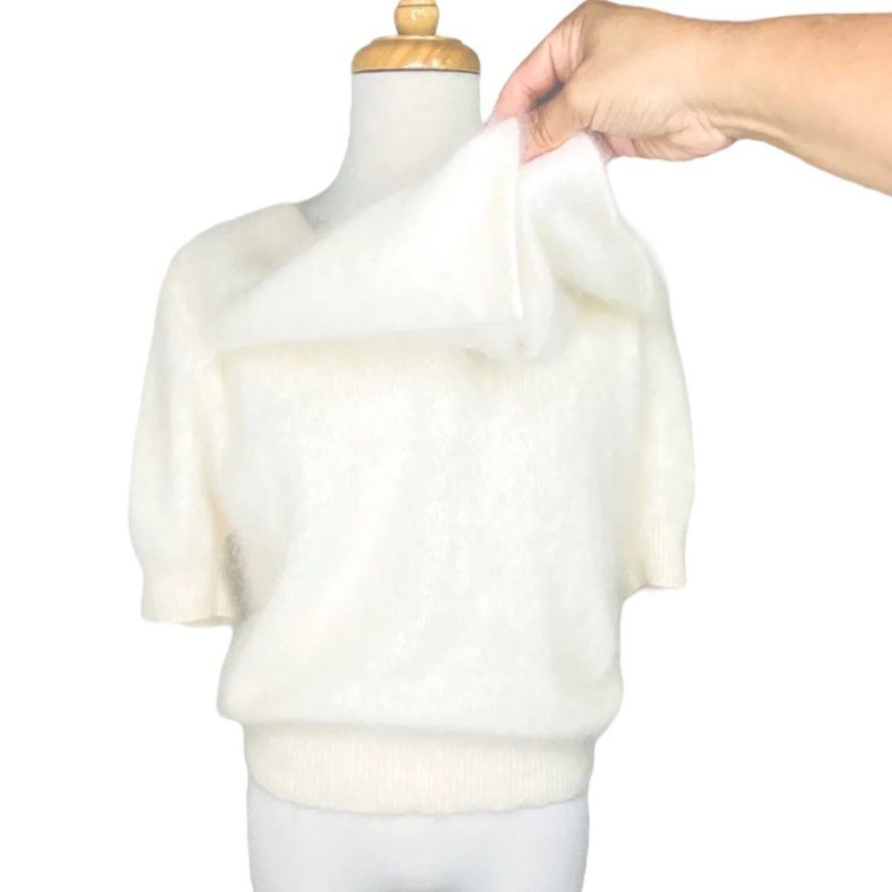I B DIFFUSION Angora Sweater Dolman Sleeve Ivory Beaded Bow Accent Vintage Top - Picture 10 of 14